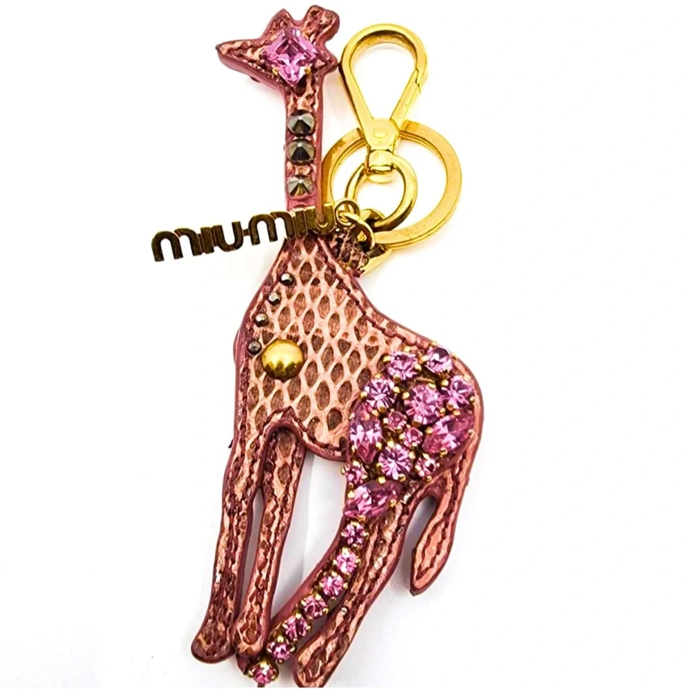 Miu Miu Pink Crystal & Leather Giraffe Logo Bag Charm/Keychain